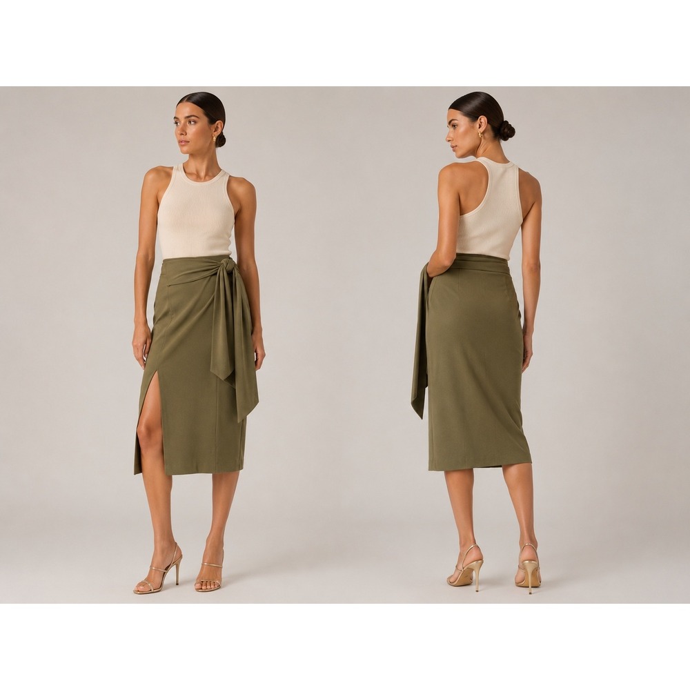 Alice + Olivia Riva Slit Midi Pencil Skirt 0‎ Olive Green Tie Waist Minimalist
